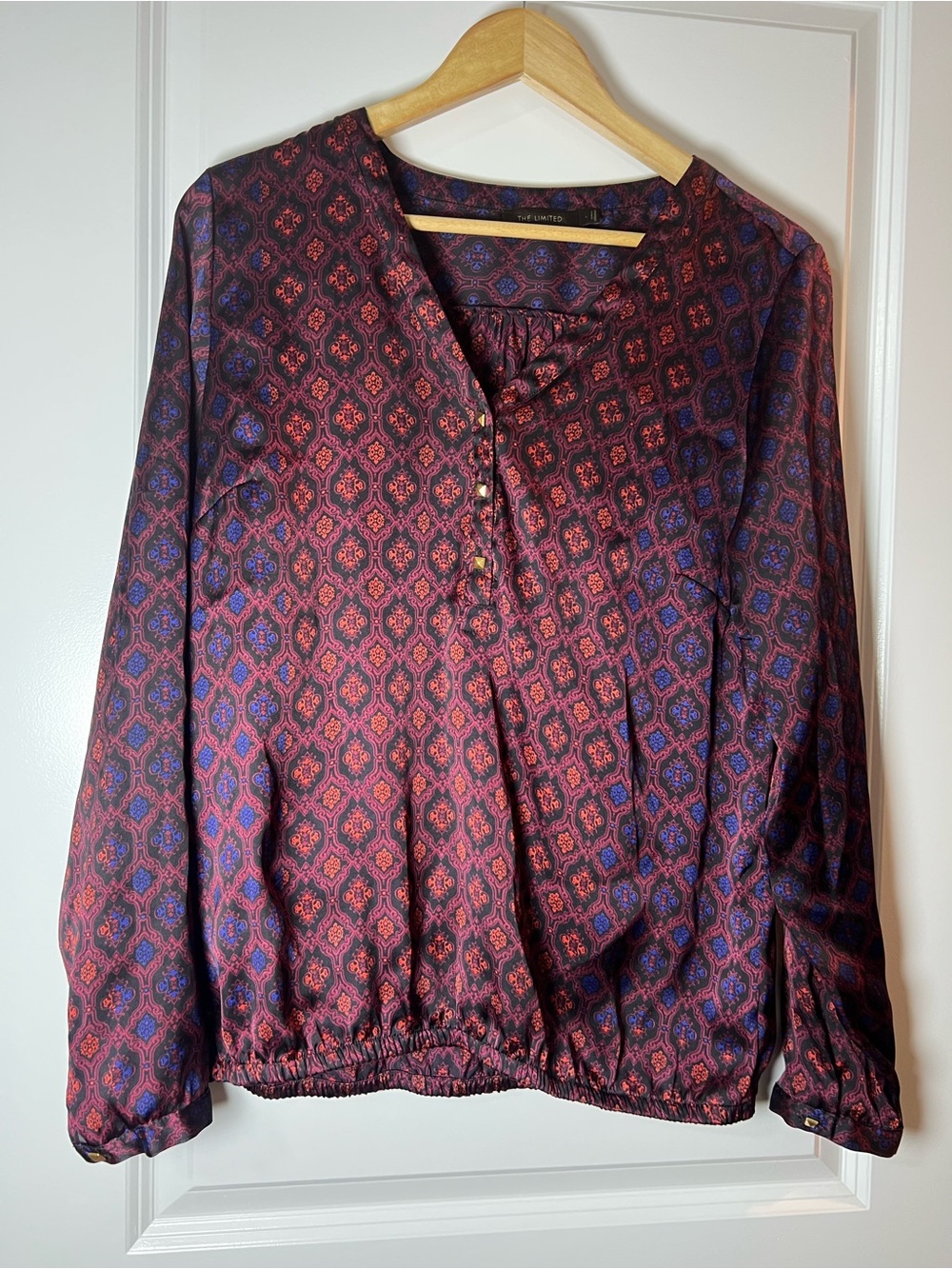 [The Limited] Burgundy and Blue Printed Long-Sleeve Blouse